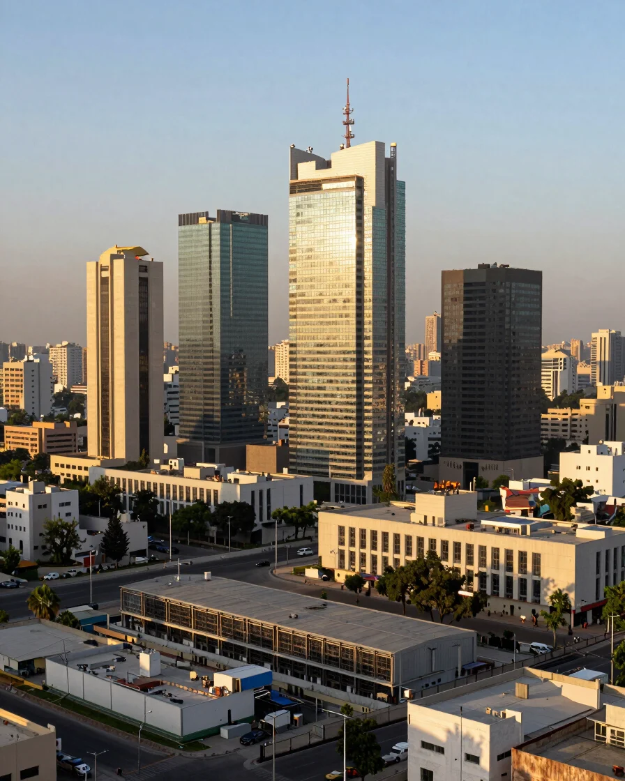 Wide shot of a modern Pakistani cityscape at golden hour, with gl
